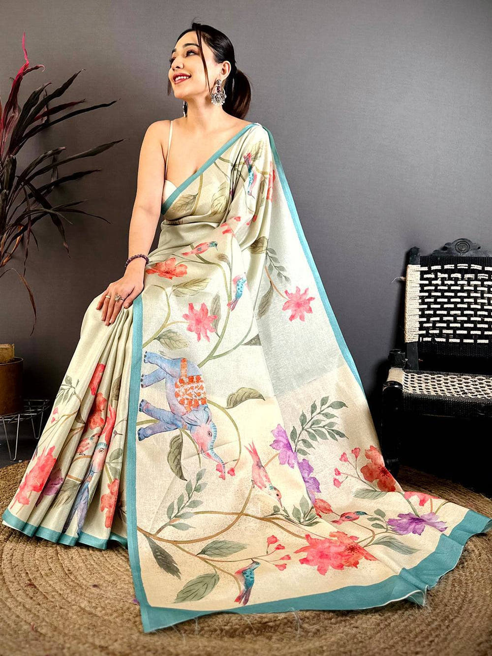 Green Tussar Floral Water Block Saree