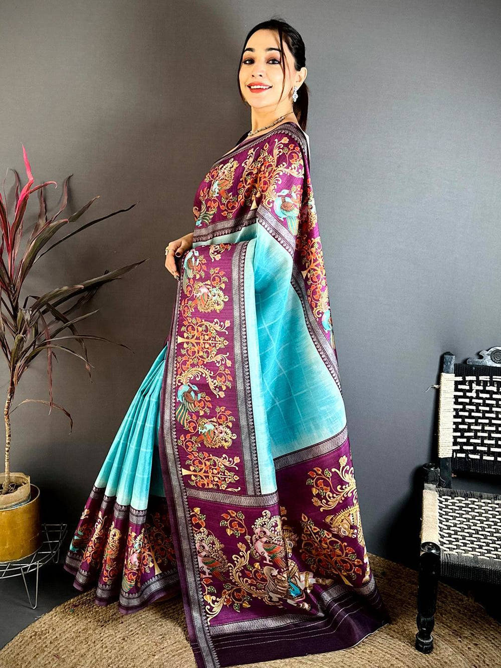 Turquoise Blue Pen Kalamkari Saree