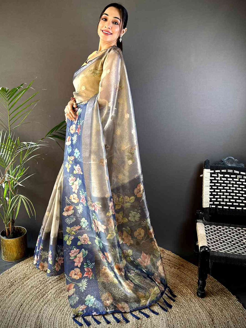 Blue Tissue Digital Floral Saree