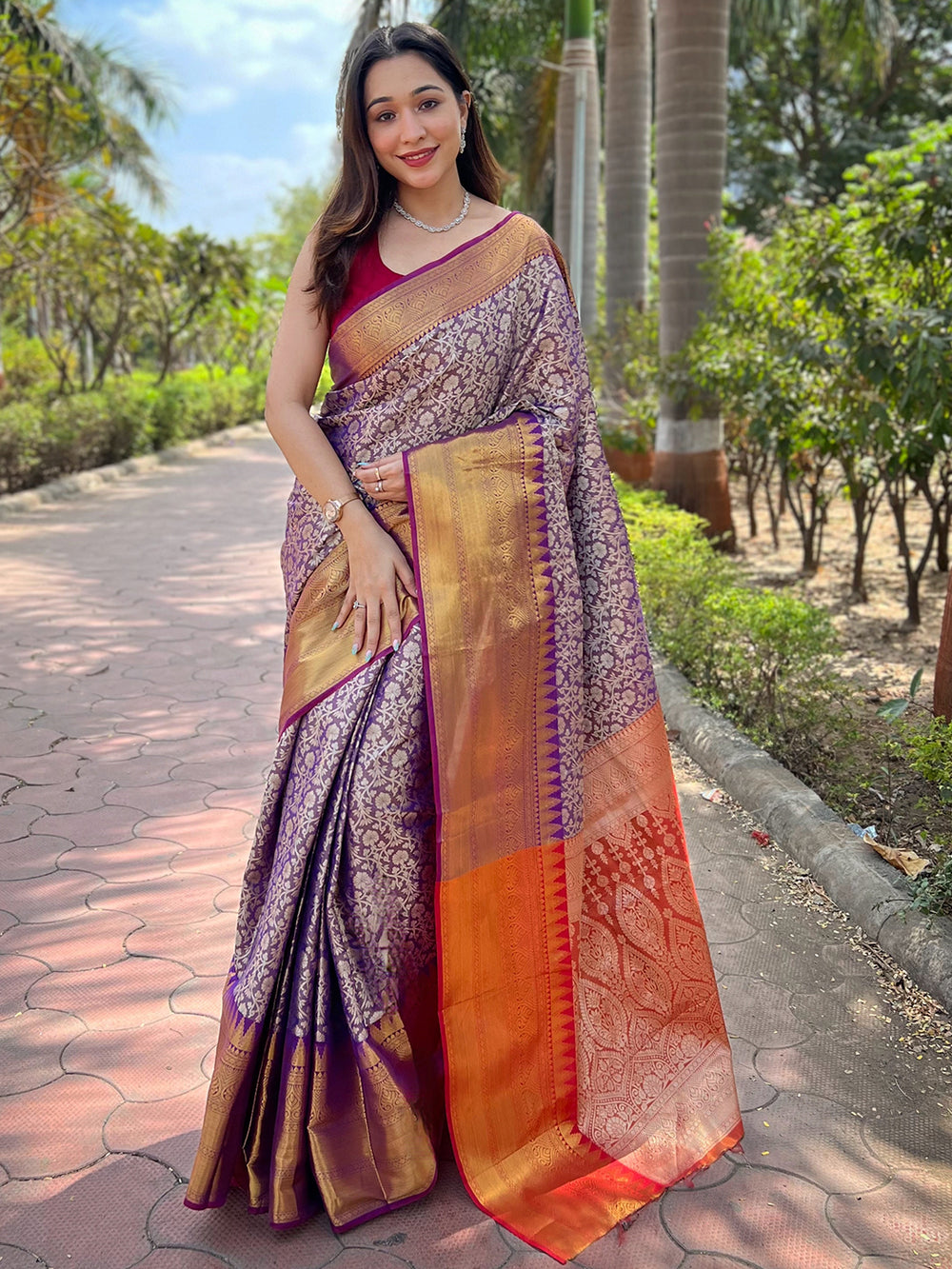 Wine Colour One Gram Gold Tissue Saree with Jacquard Work