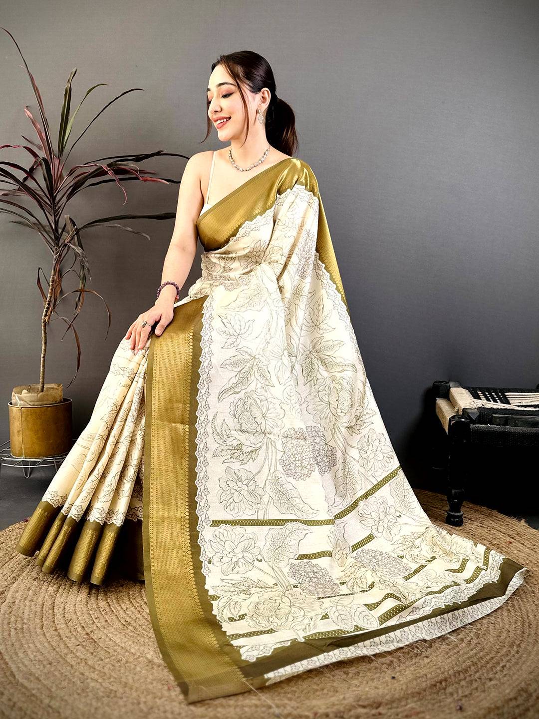 Royal Gold Zari Border Floral Silk Saree