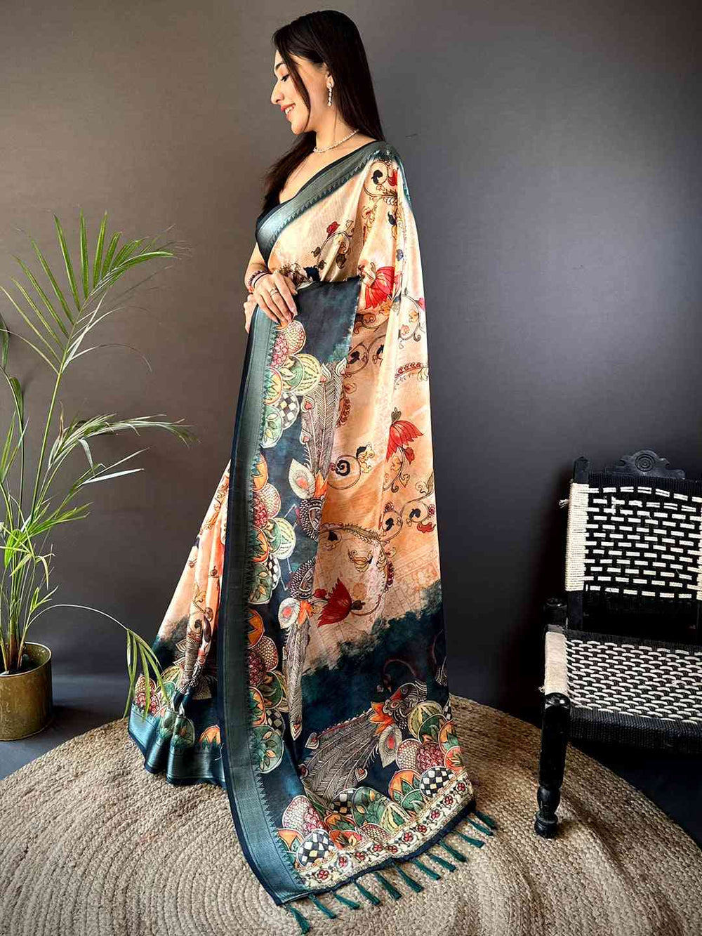 Peach Kota Doriya Zari Weave Digital Print Saree
