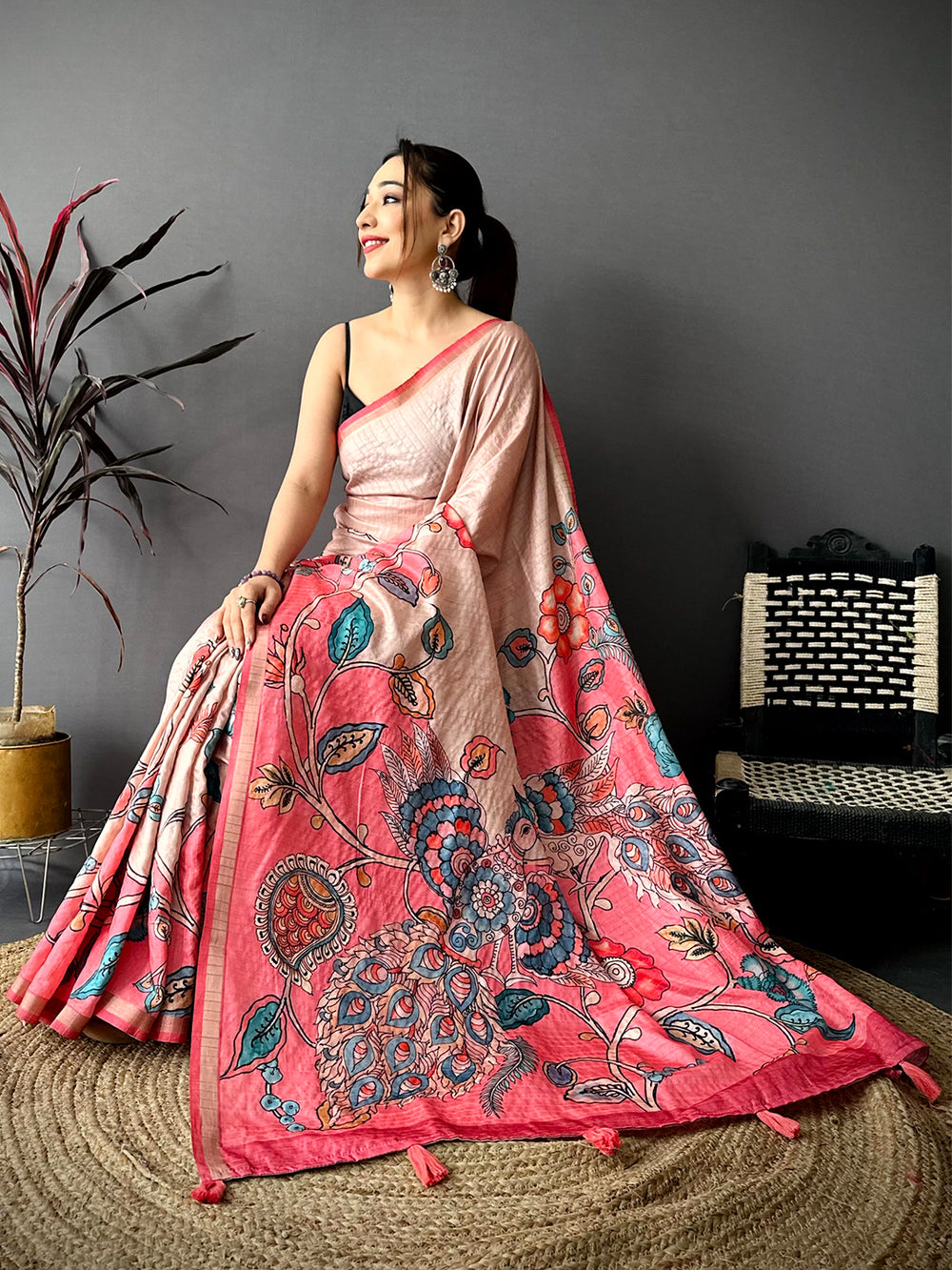Majestic Tussar Ghicha Kalamkari Saree