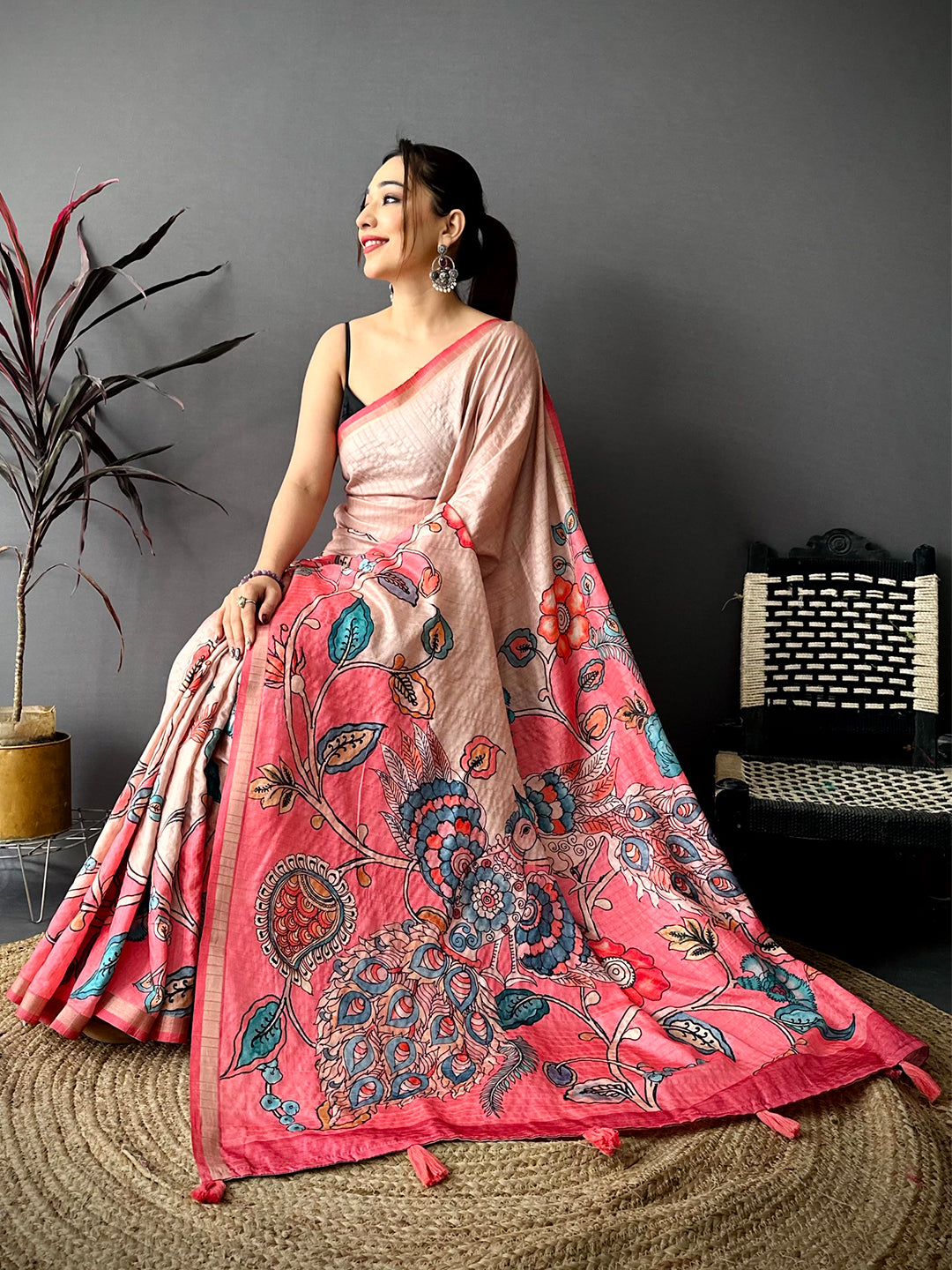 Majestic Tussar Ghicha Kalamkari Saree