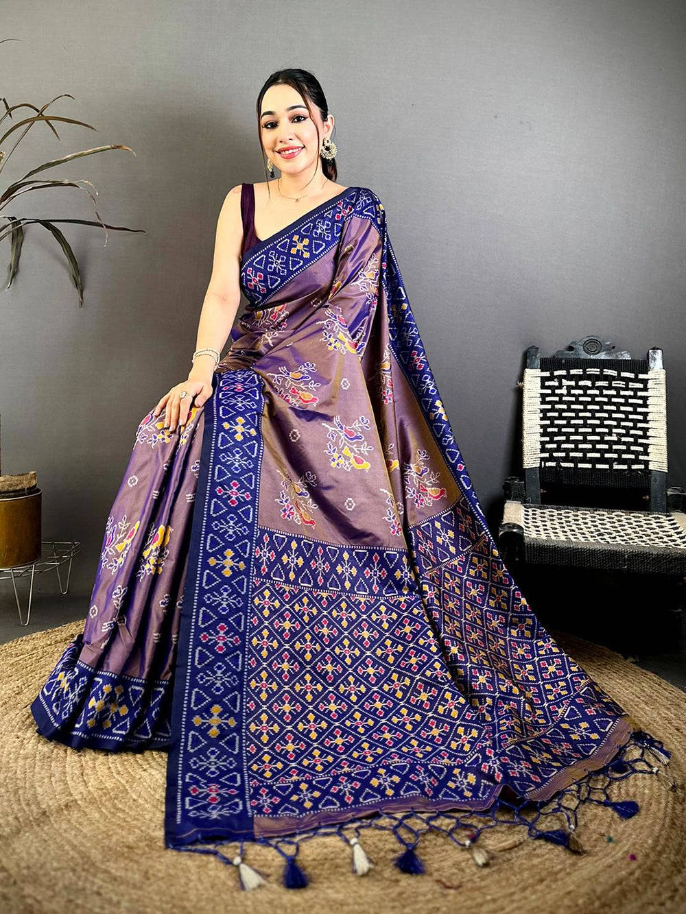 Double Tone Soft Silk Ikkat Border Saree