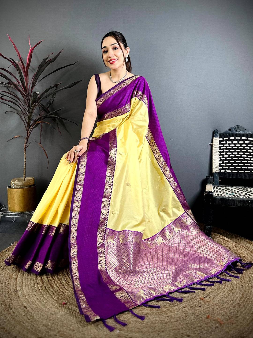 Lime Yellow Gadwal Pure Soft Silk Saree