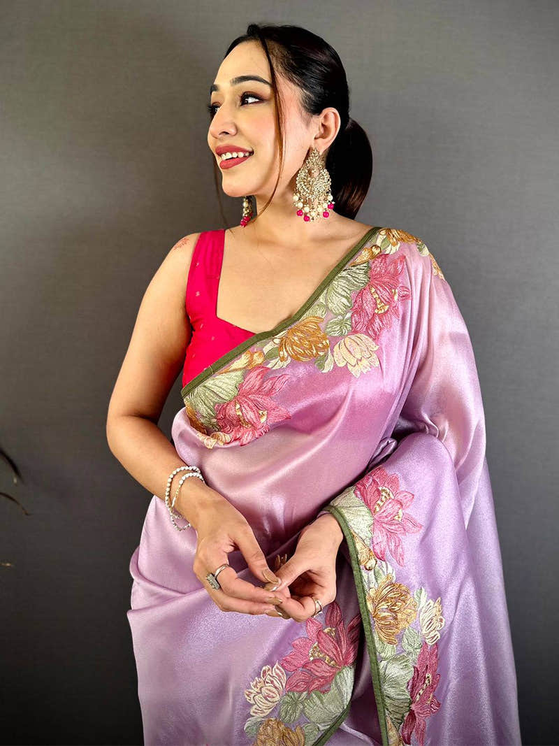 Purple Silky Tissue Resham Border Saree