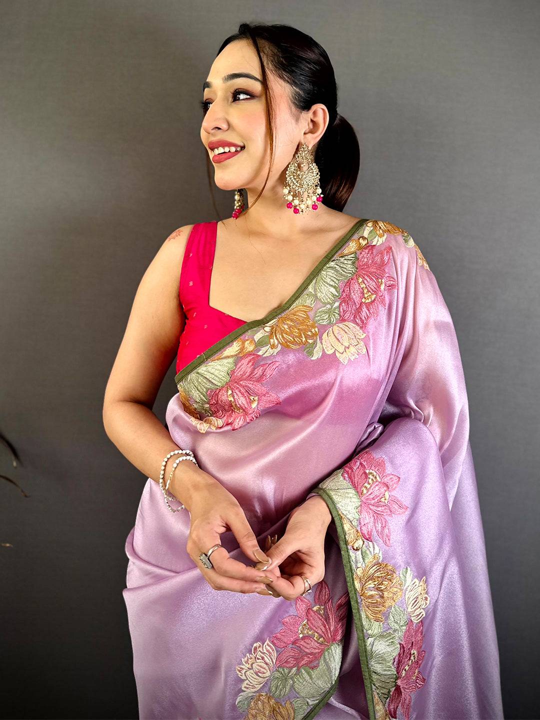 Purple Silky Tissue Resham Border Saree