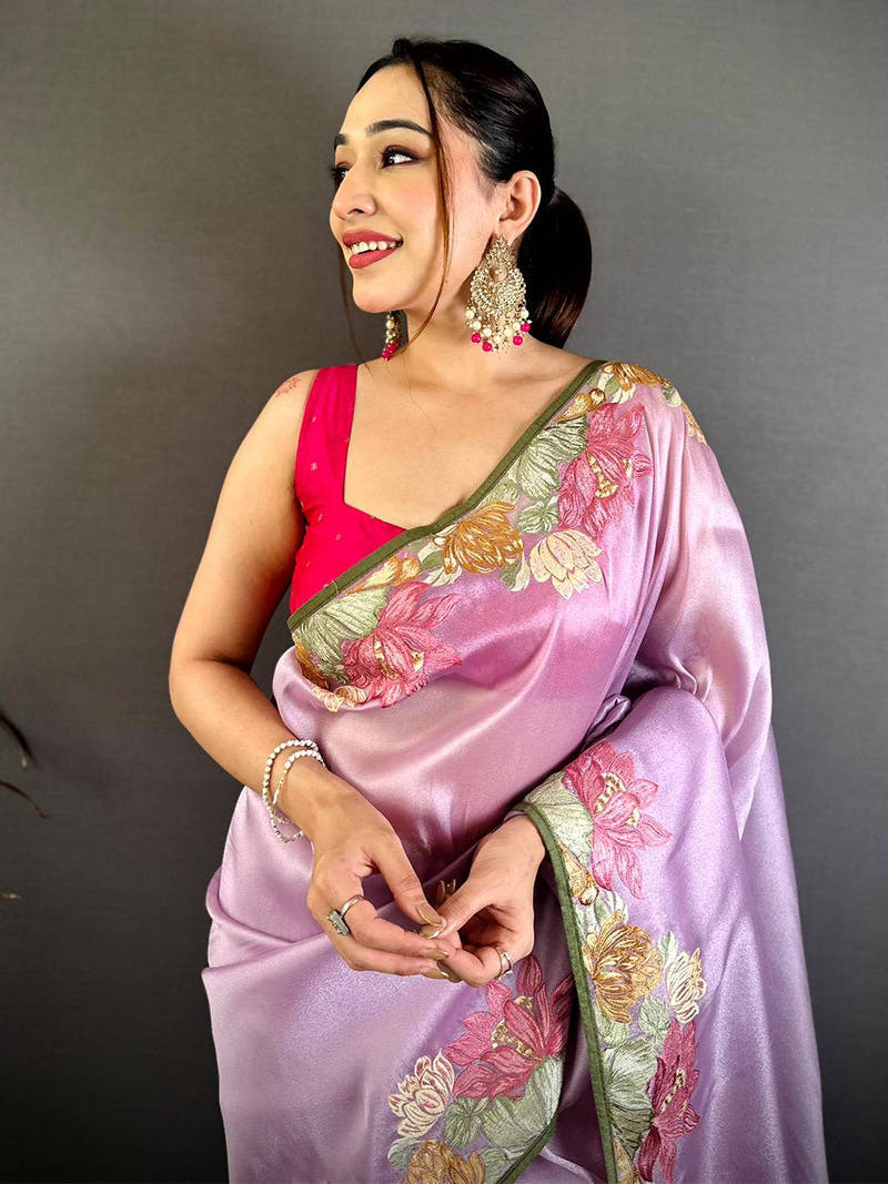 Purple Silky Tissue Resham Border Saree