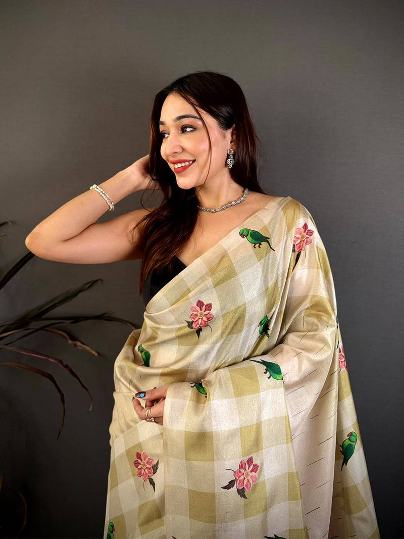 Radiant Parrot Print Soft Tussar Saree