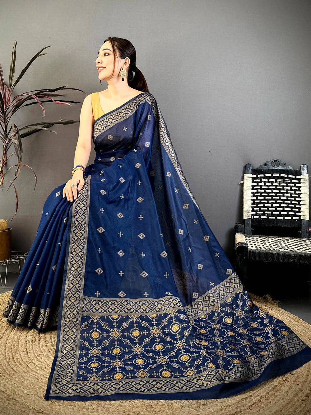 Royal Blue Soft Katan Thread Work Saree
