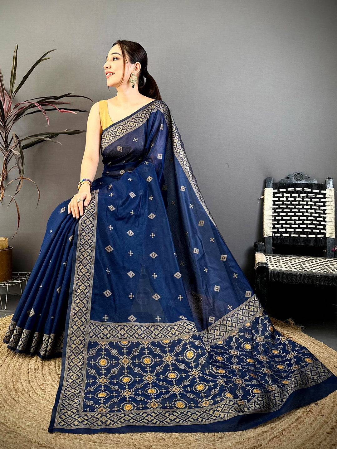 Royal Blue Soft Katan Thread Work Saree