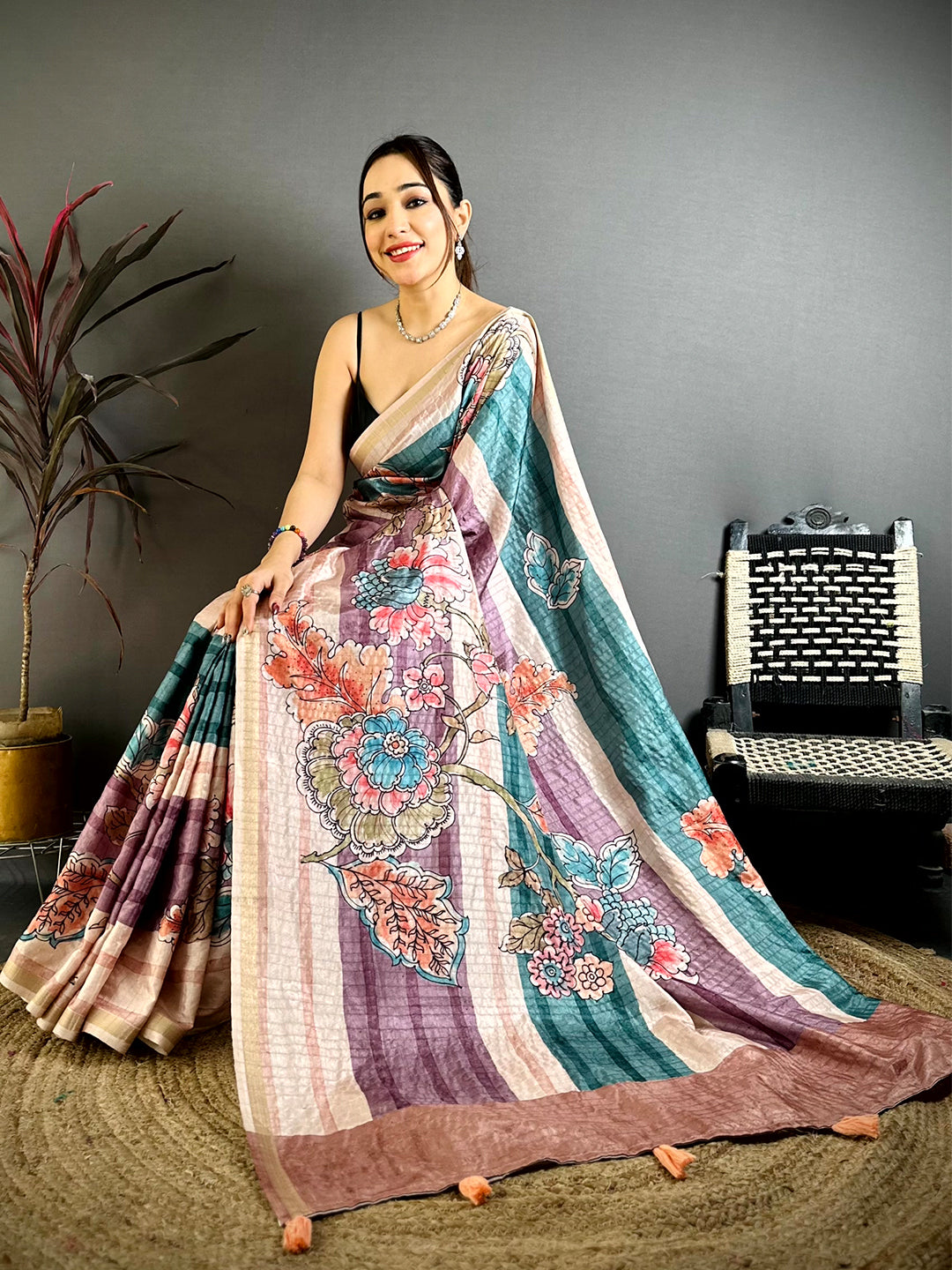 Vibrant Tussar Ghicha Floral Saree