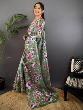 Sage Green Kota Doriya Floral Cut Work Saree