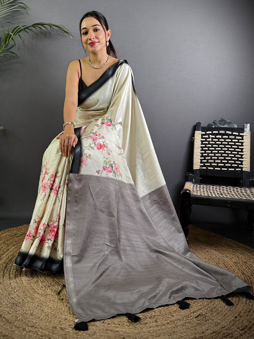 Radiant White Floral Tussar Silk Saree