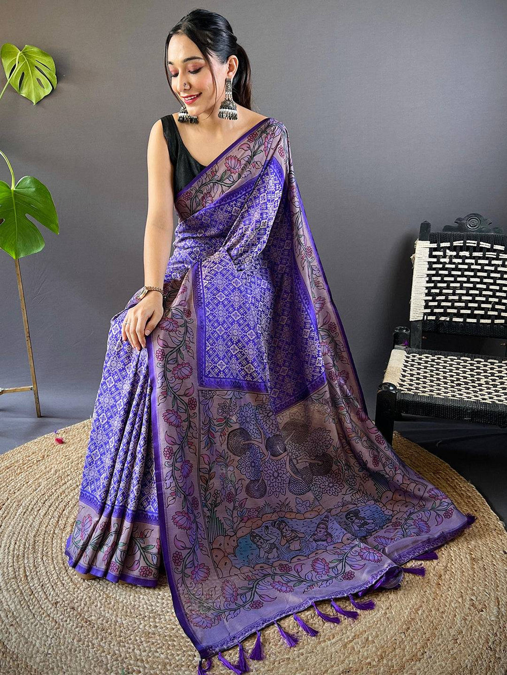 Persian Blue Patola And Kalamkari Fusion Saree
