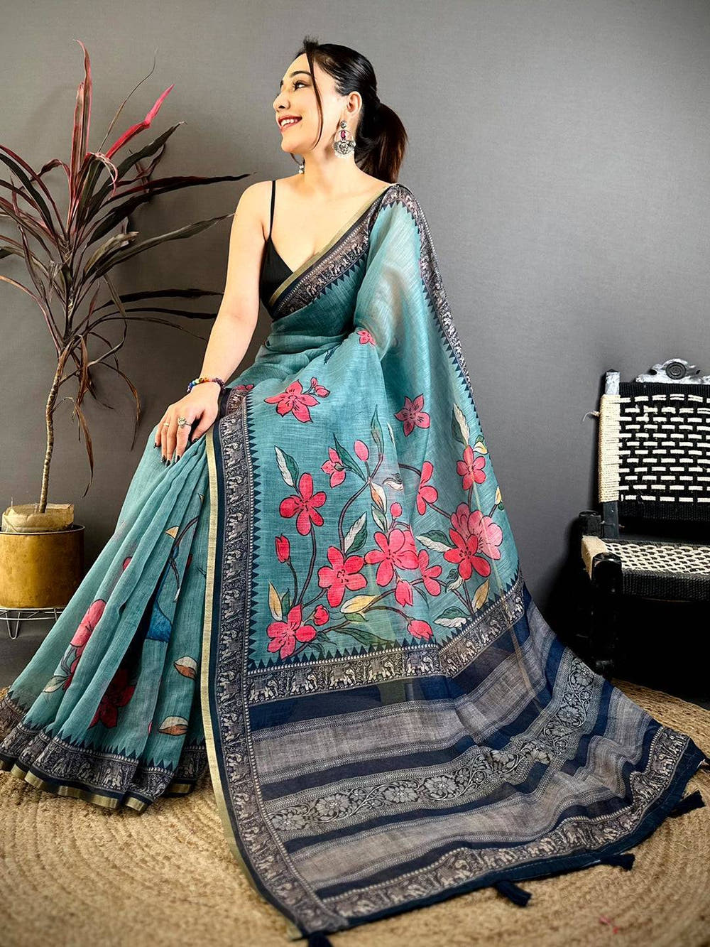 Majestic Linen Floral Kalamkari Saree