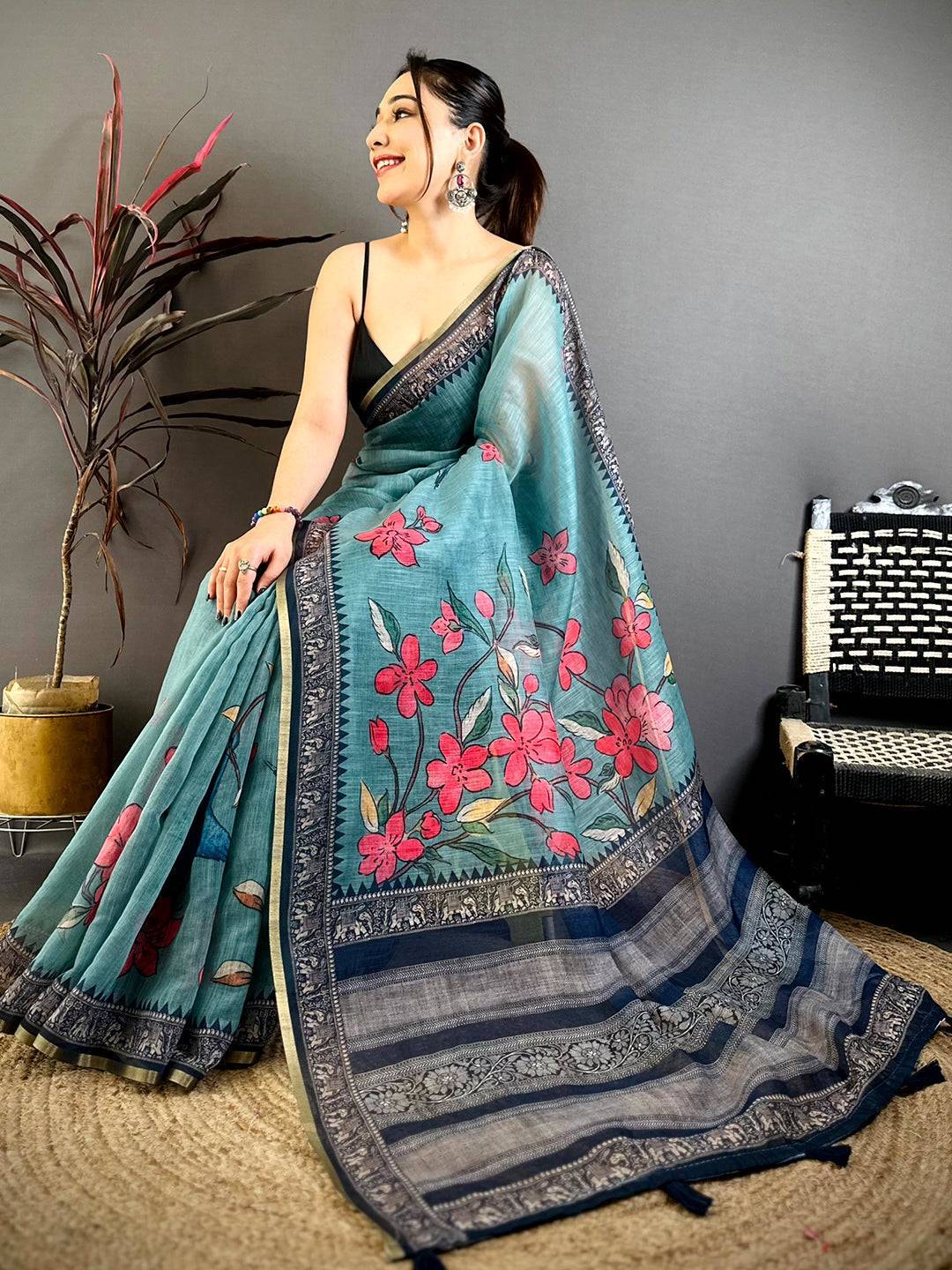 Majestic Linen Floral Kalamkari Saree