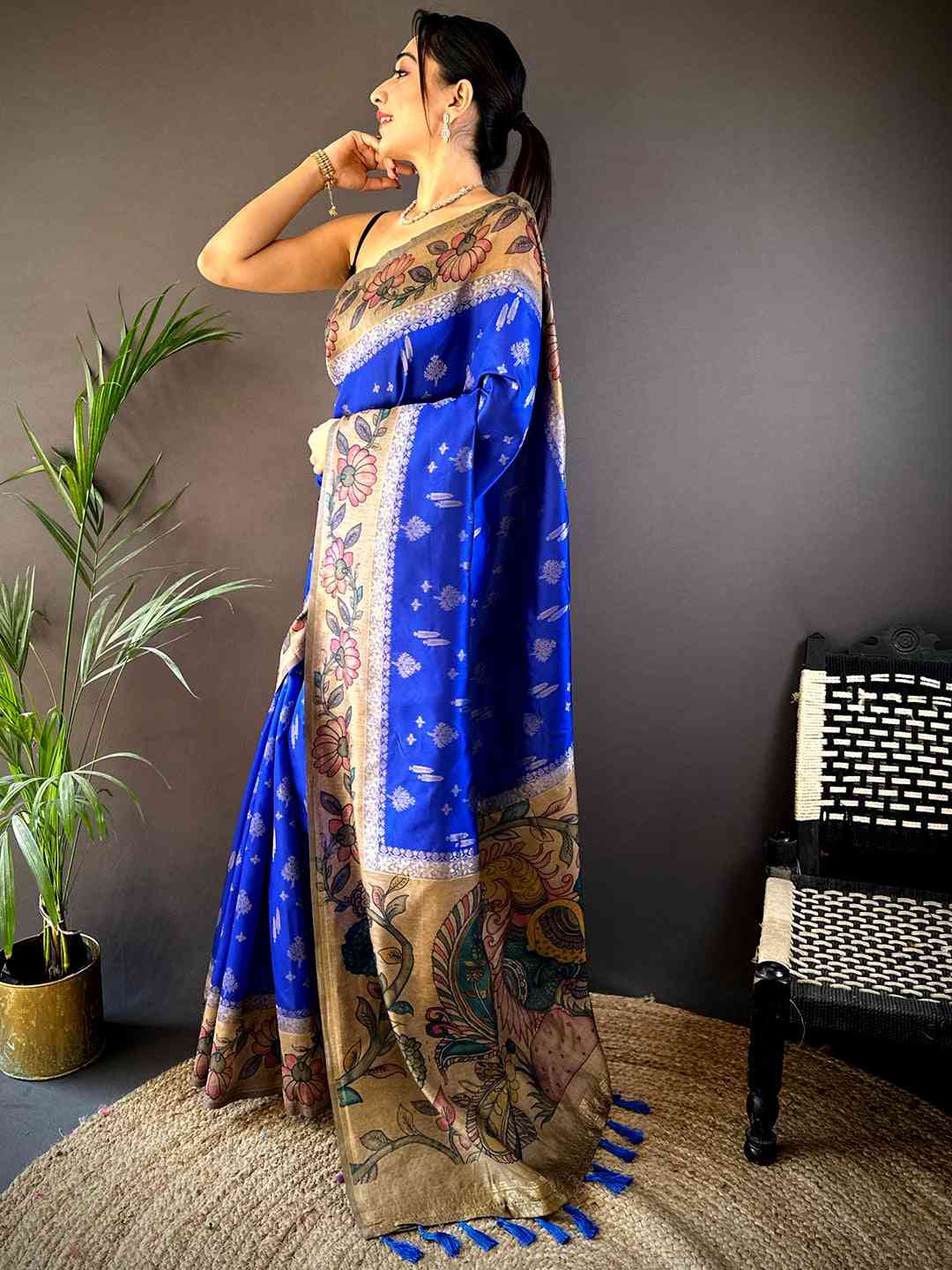 Royal Blue Soft Silk Kalamkari Printed Pallu Saree