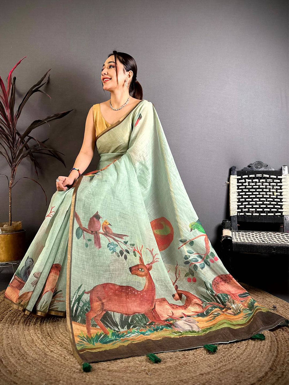 Mint Green Animal Print Linen Chanderi Saree


