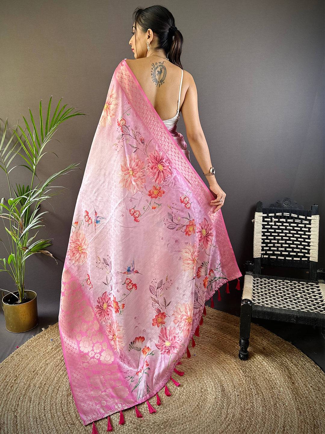Dahlia Pink Kota Doriya Zari Floral Kanchi Border Saree