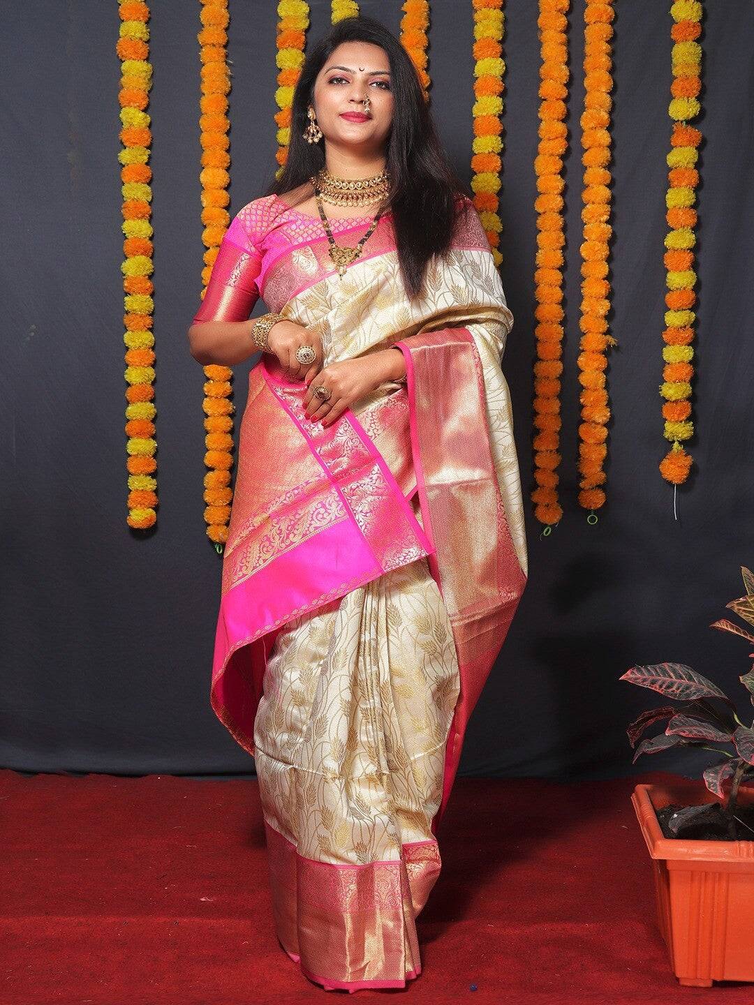White Kanjivaram Silk Golden Zari Weaving Saree