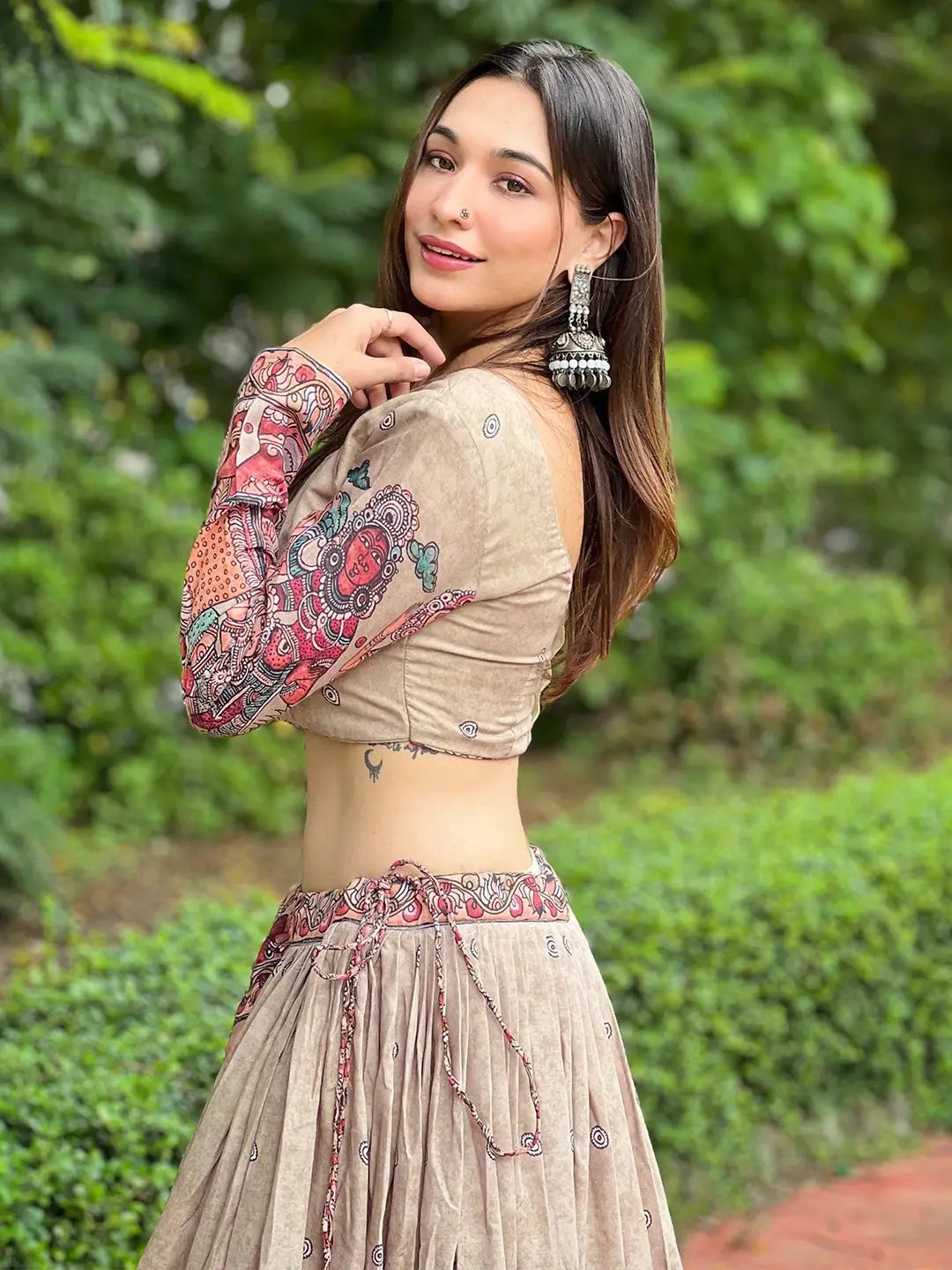 Close-up of Kalamkari Lehenga with artistic sleeves