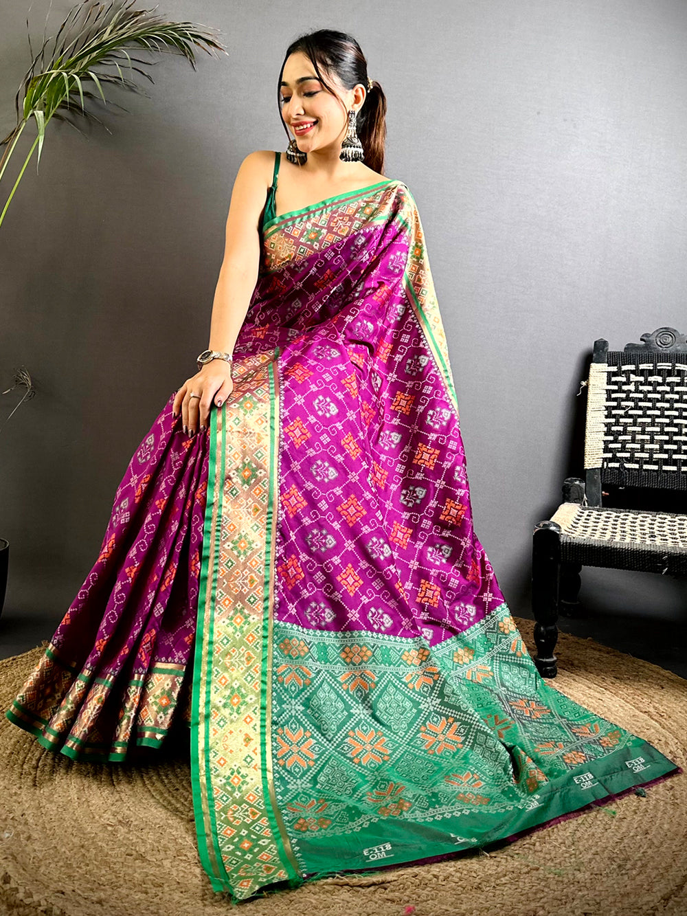 Wine Pochampally Patola Soft Silk Saree