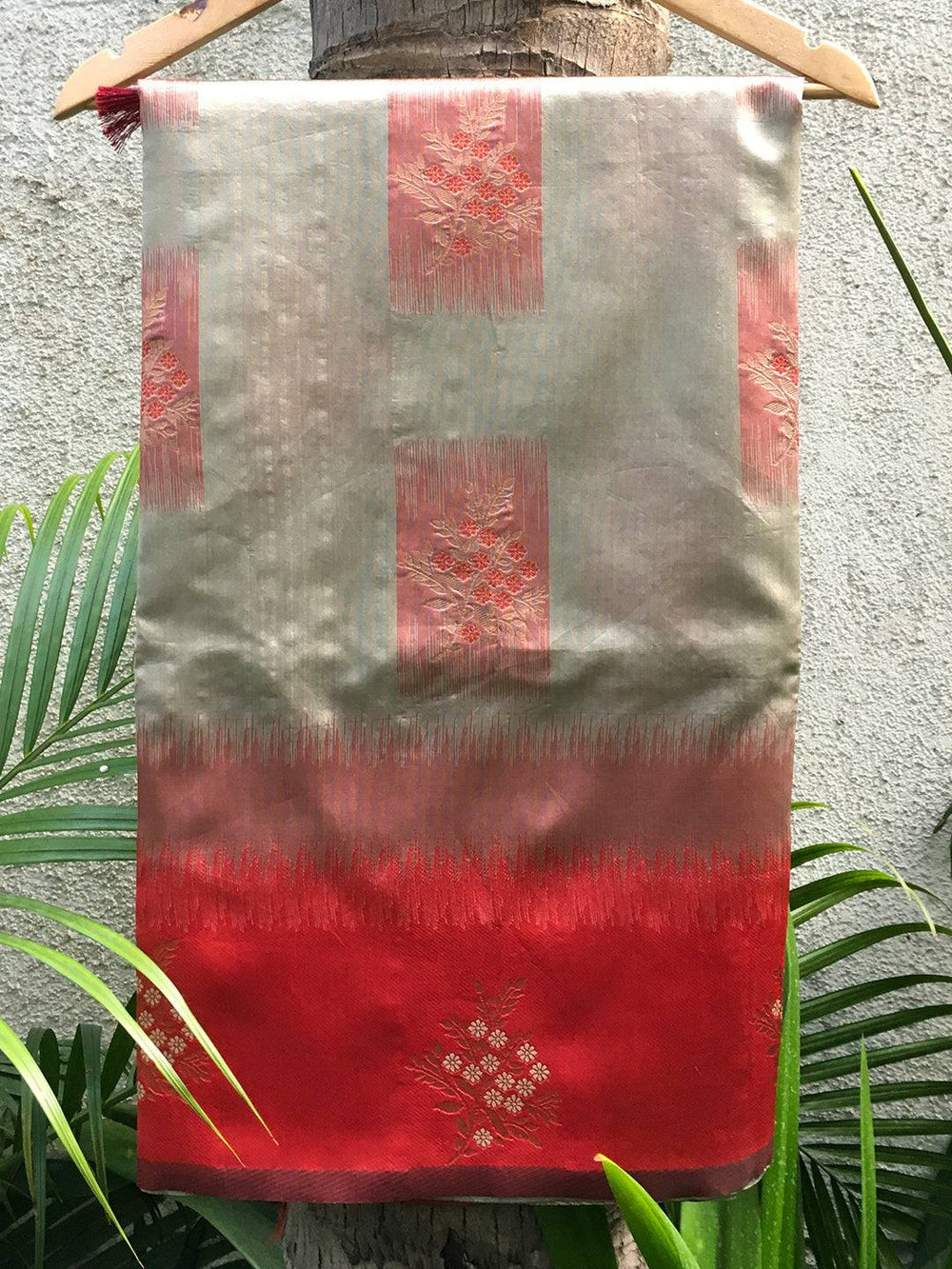 Close-up of Red Sami Banarasi Tussar Silk Saree fabric