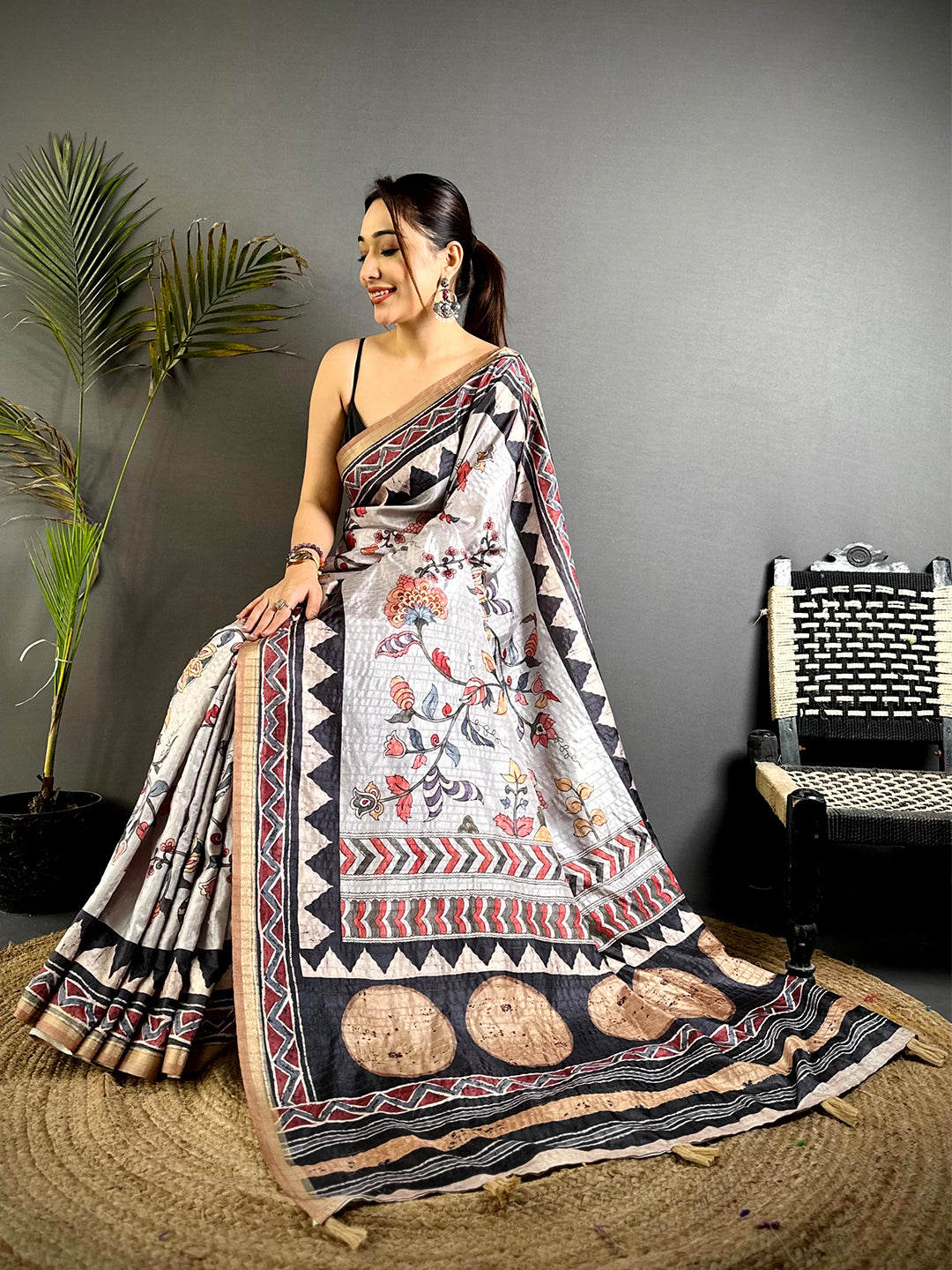 Regal Ajrakh Kalamkari Tussar Saree