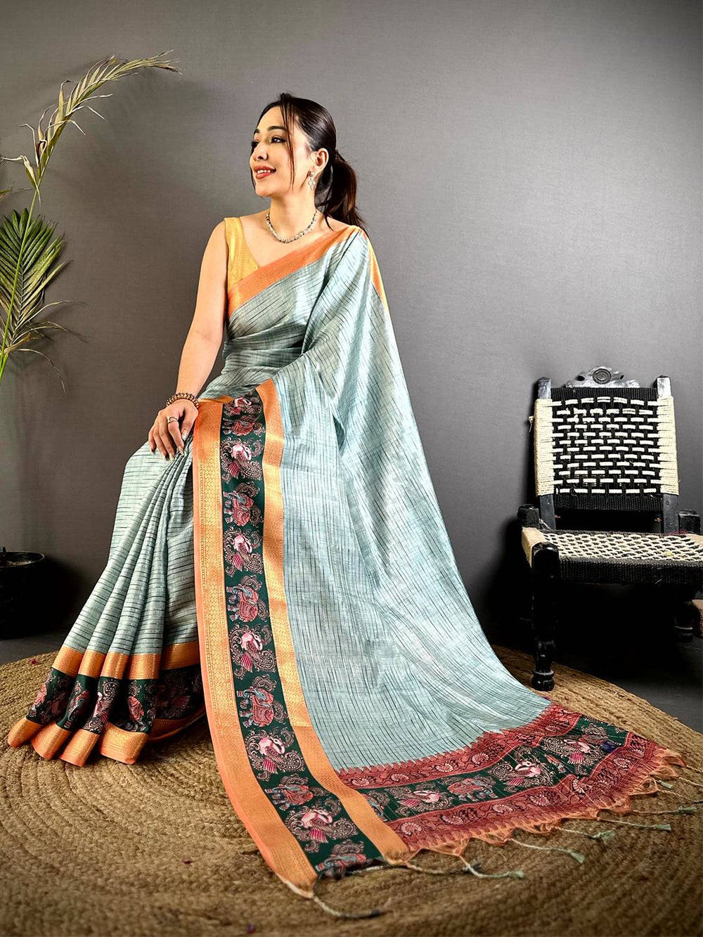 Sage Green Tanjore Print Silk Saree