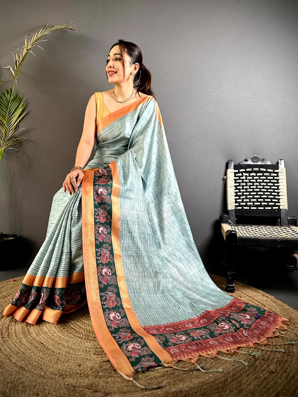 Sage Green Tanjore Print Silk Saree