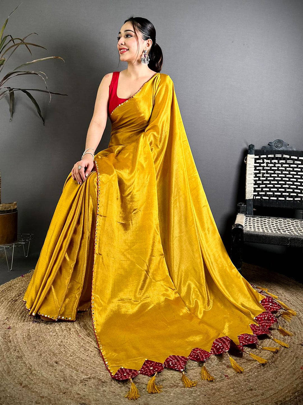Gold Vichitra Real Mirror Work Tassel Saree