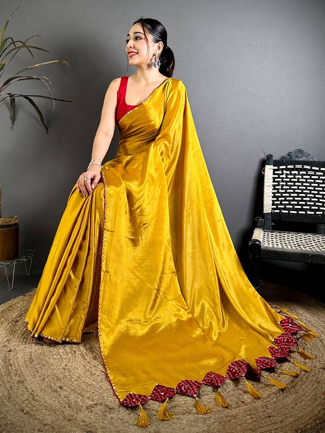 Gold Vichitra Real Mirror Work Tassel Saree