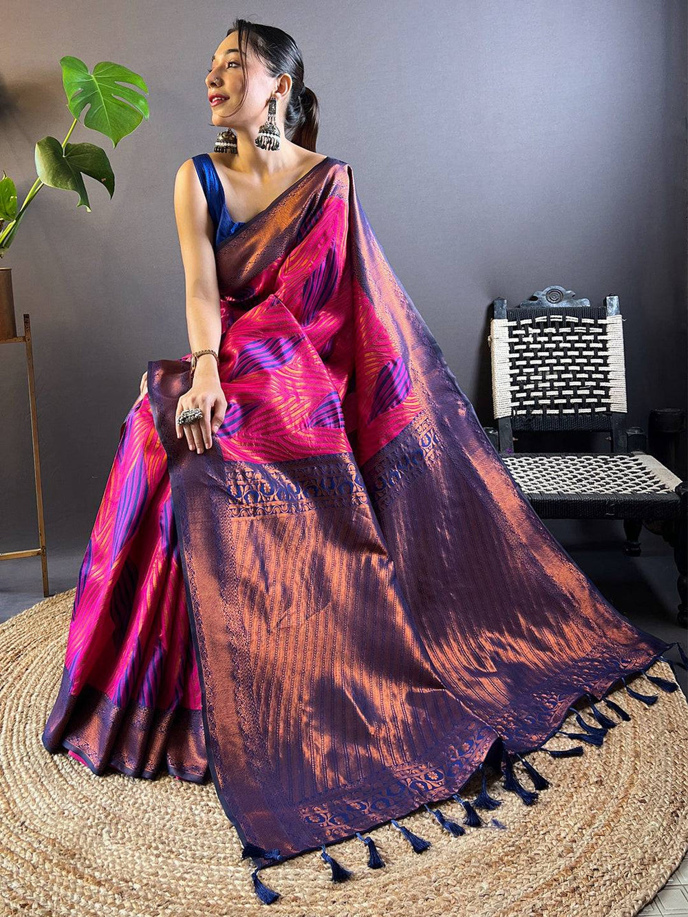 Rani Tussar Silk Ikkat Saree with Abstract Print