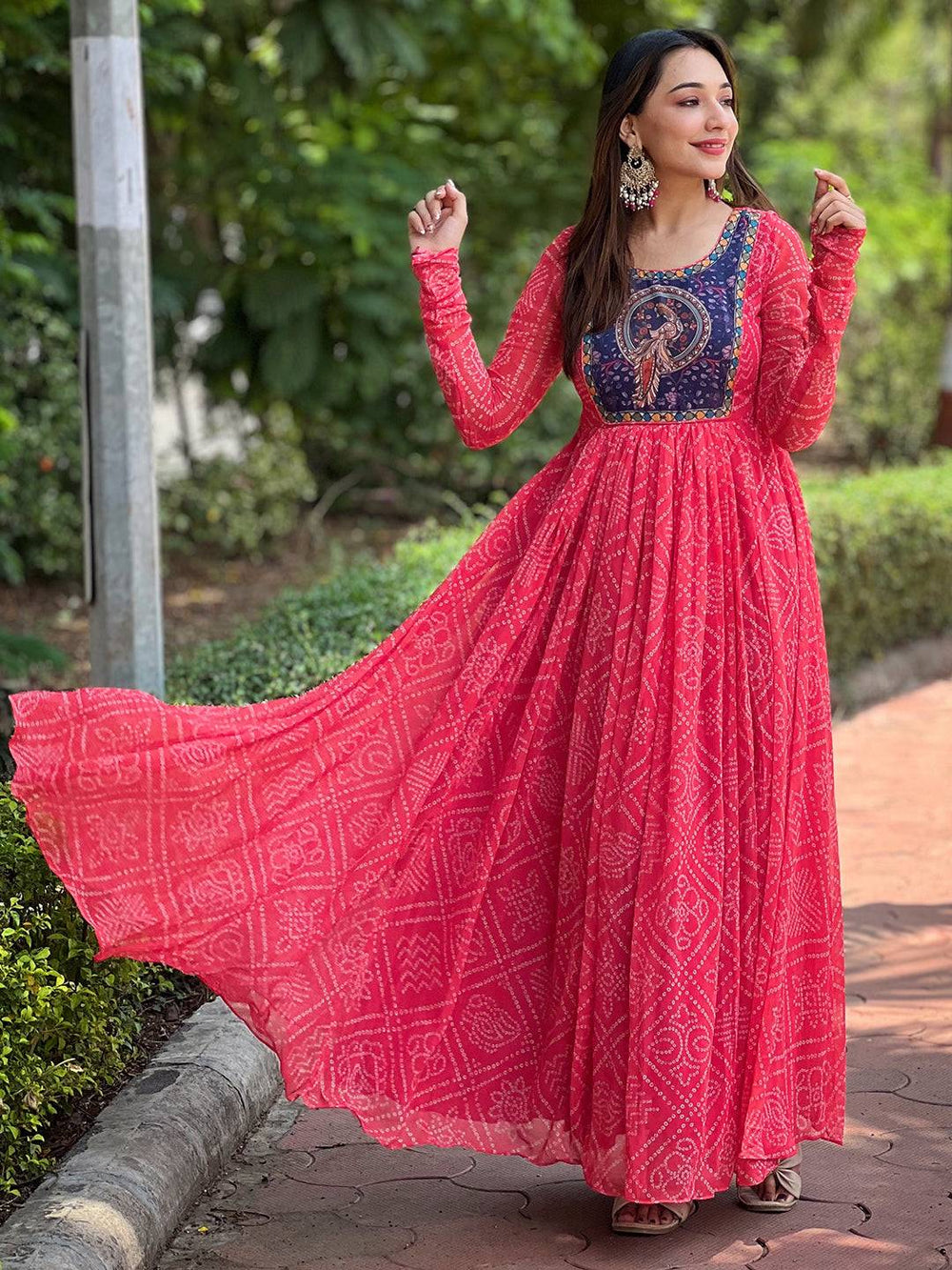 Cherry Red Bandhej Print Dress with long sleeves