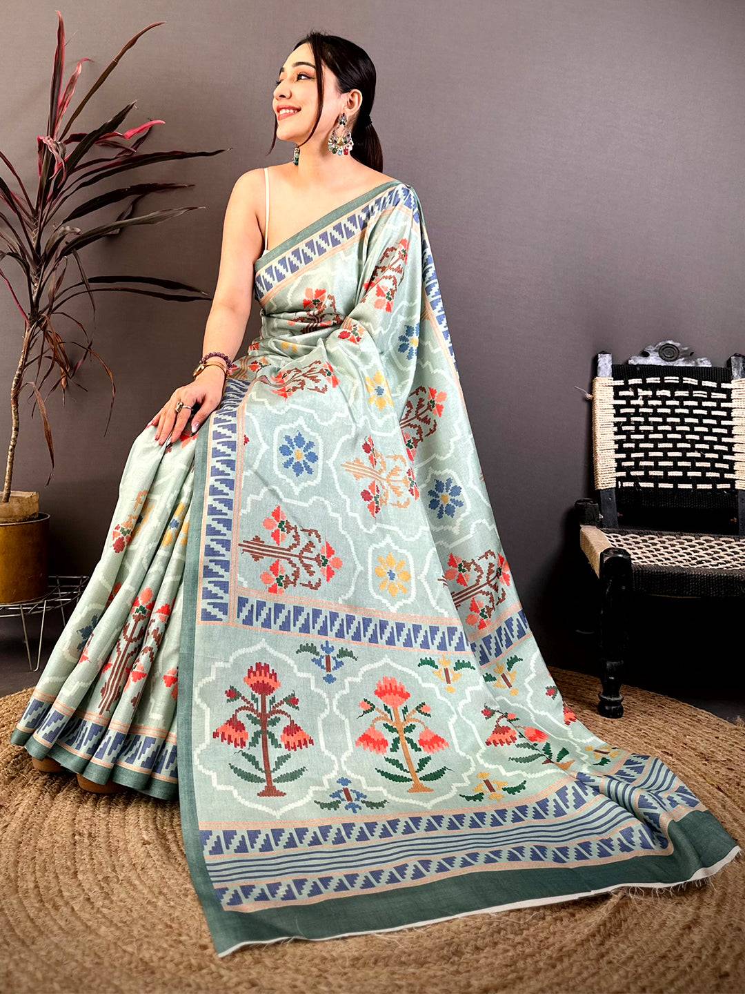 Sage Green Tussar Floral Digital Art Saree
