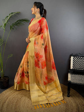 Peach Soft Organza Digital Print Saree