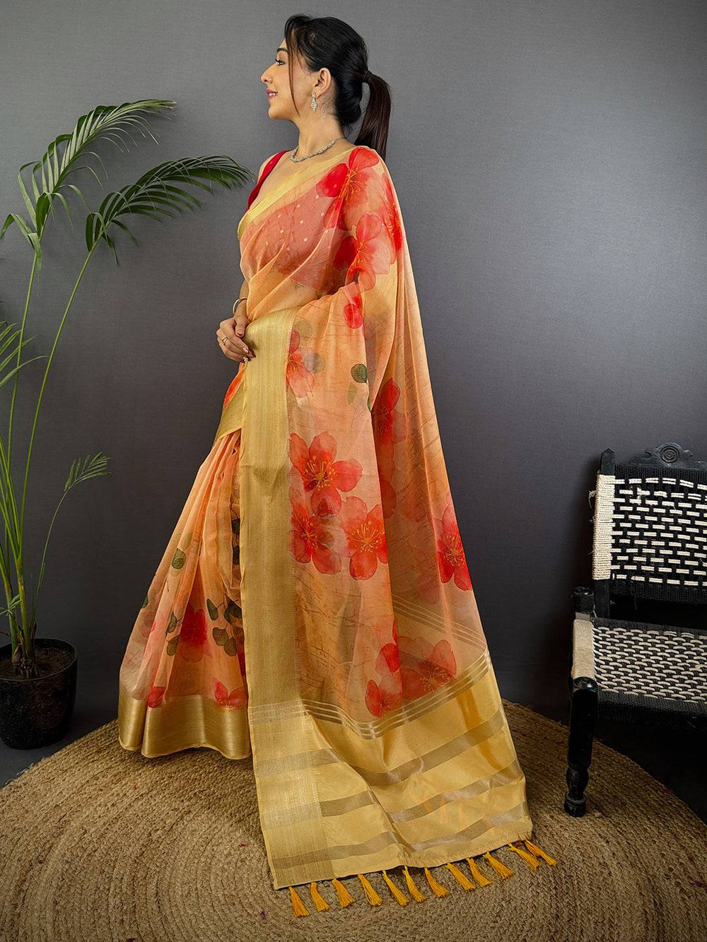 Peach Soft Organza Digital Print Saree
