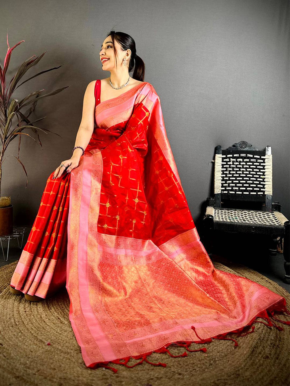 Red Check Weave Gadwal Saree


