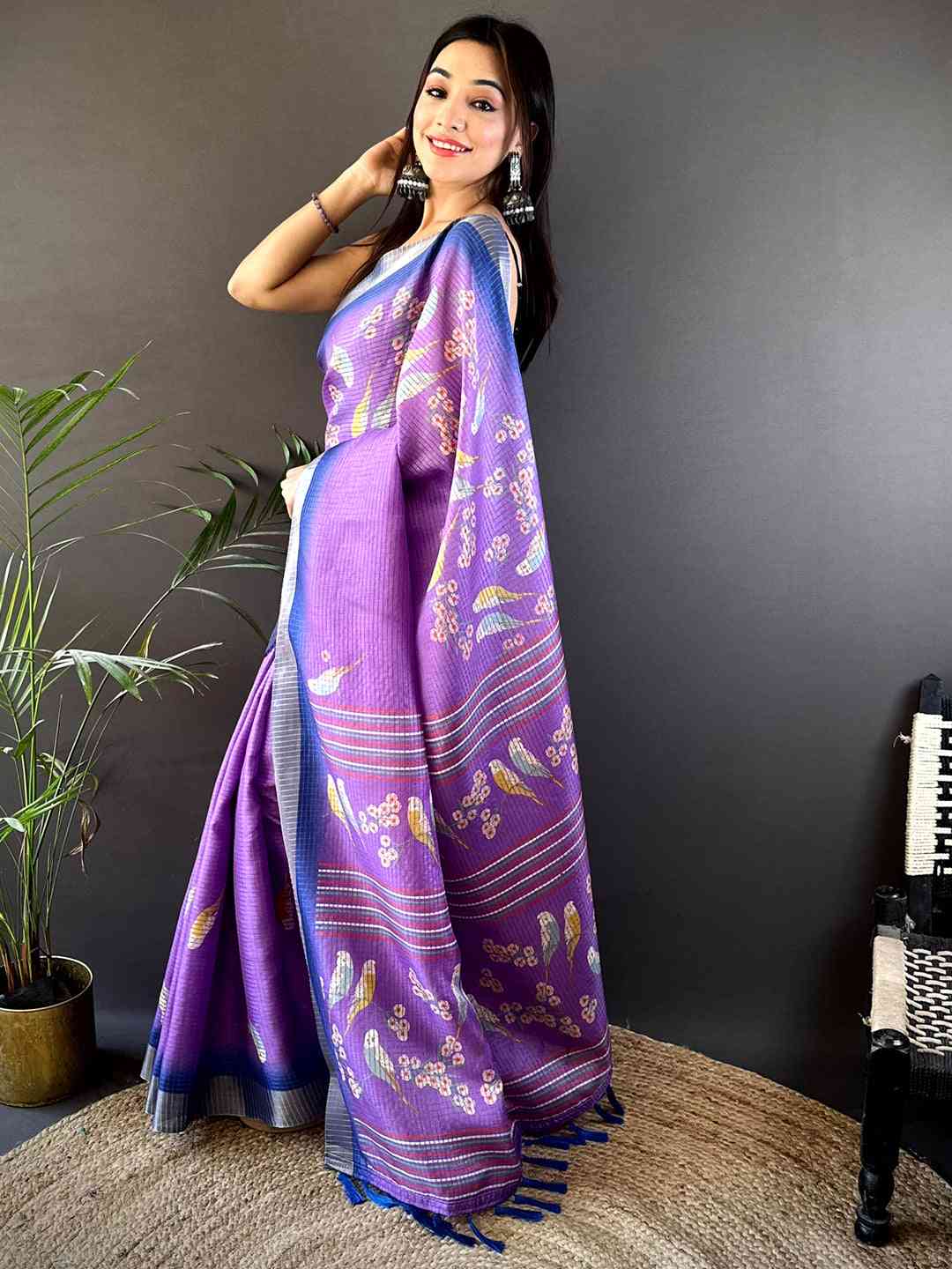 Lavender Chanderi Check Sparrow Print Saree
