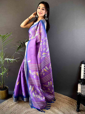 Lavender Chanderi Check Sparrow Print Saree