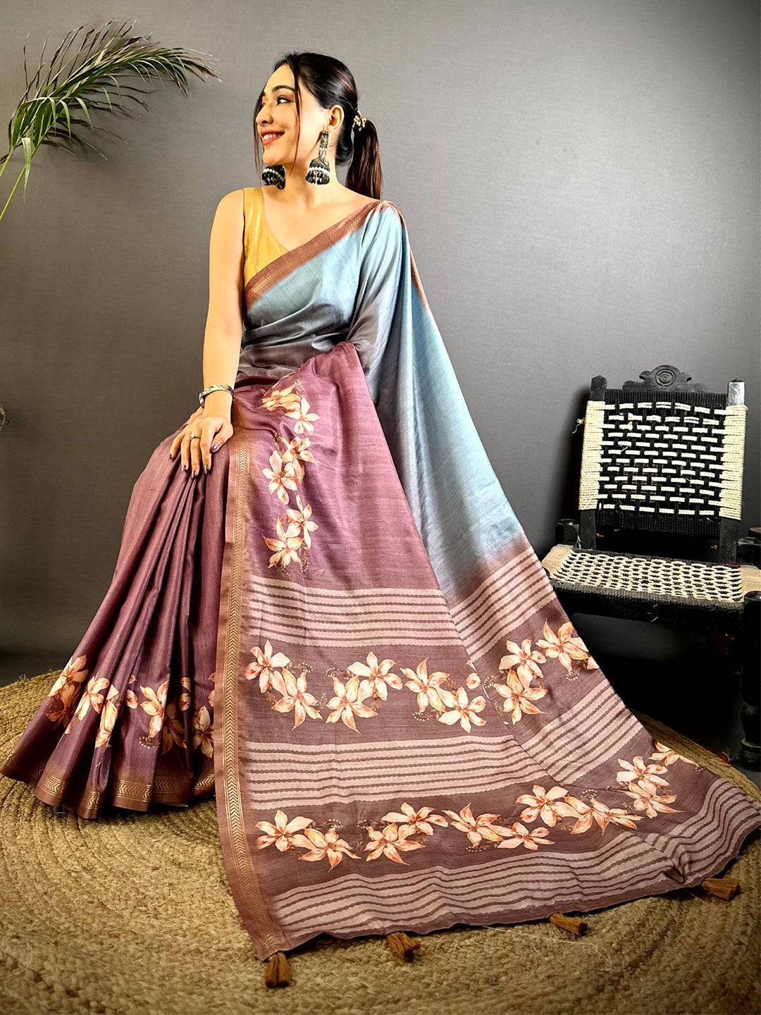 Dual Tone Soft Tussar Ghicha Saree
