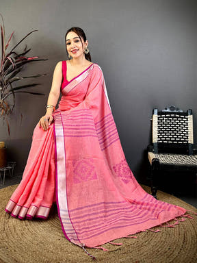 Gajri Linen 60 Count Silver Zari Saree
