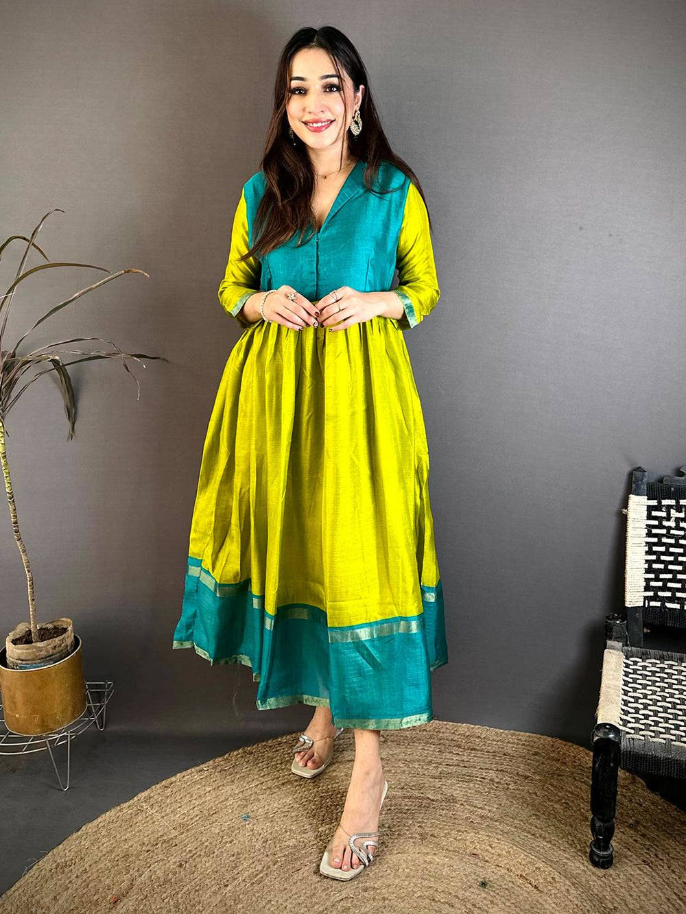 Classic Soft Kota Crepe V Collar Neck Gown