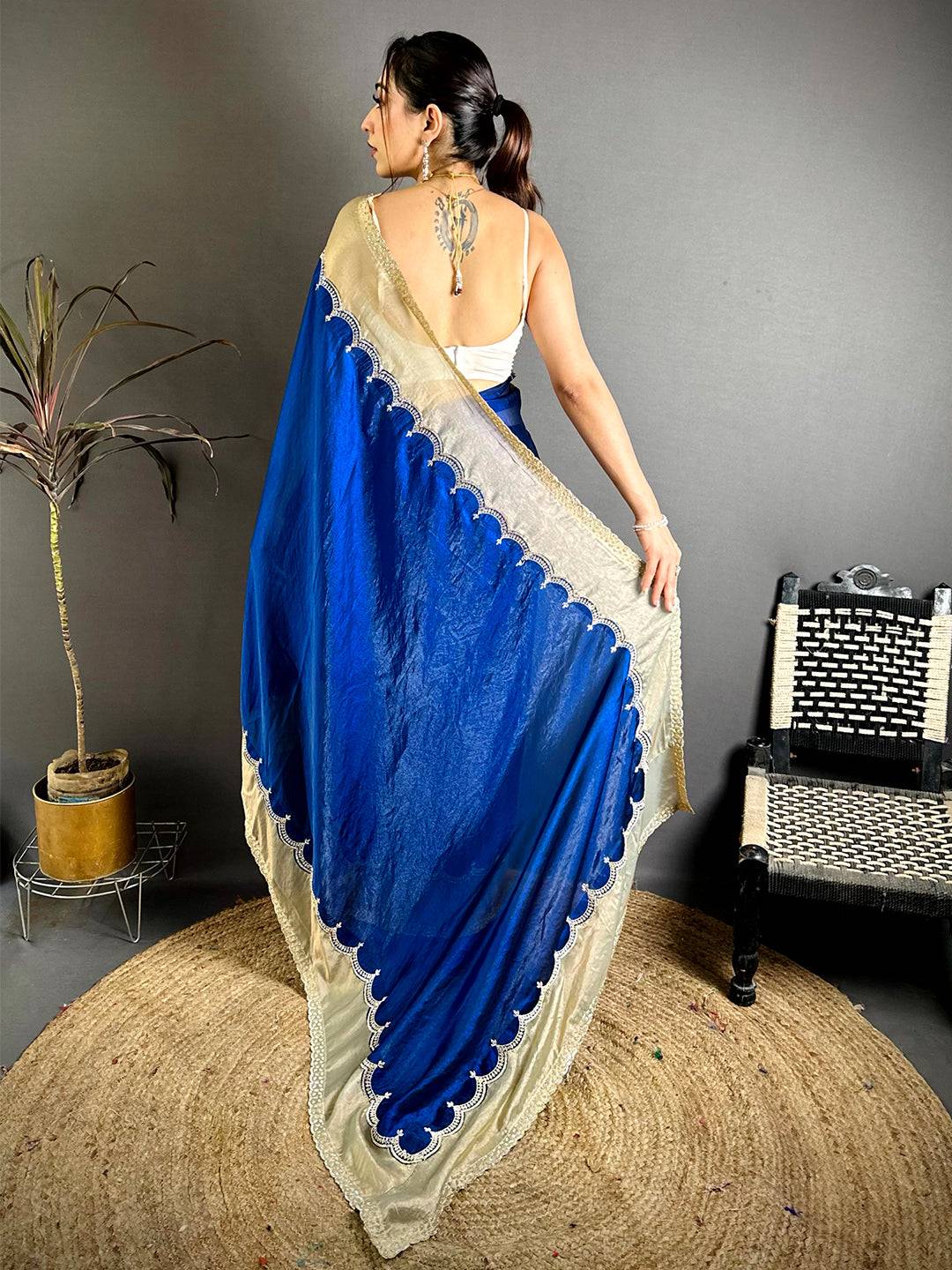 Stylish Silky Satin Diamond Zarkon Work Saree