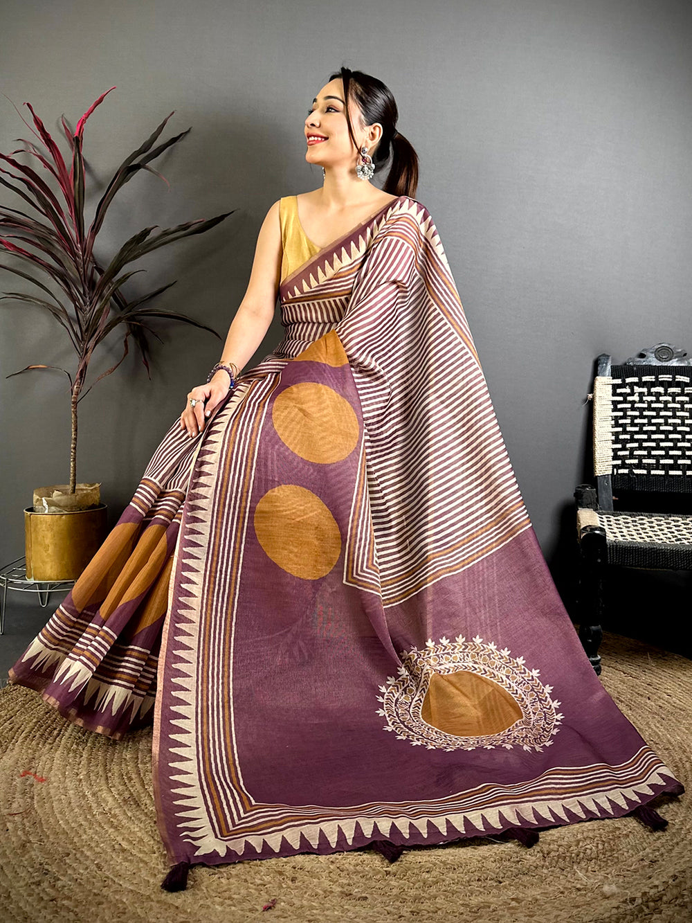 Majestic Ajrakh Print Linen Saree


