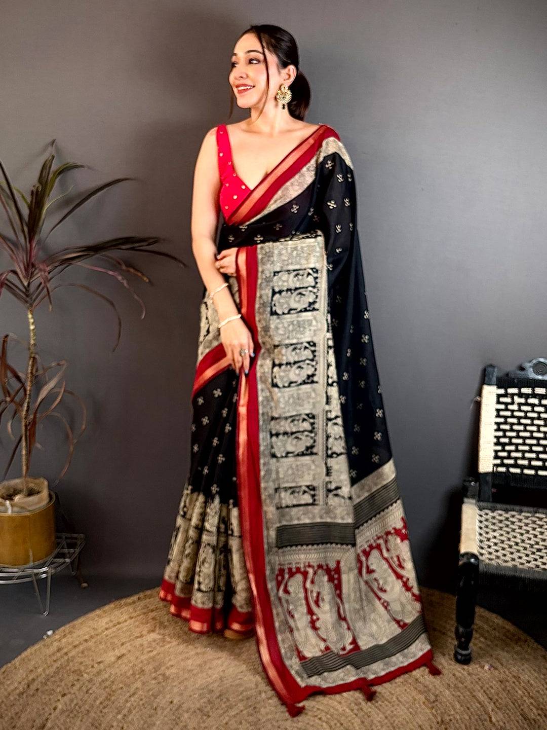 Black Mul Cotton Kalamkari Block Print Saree

