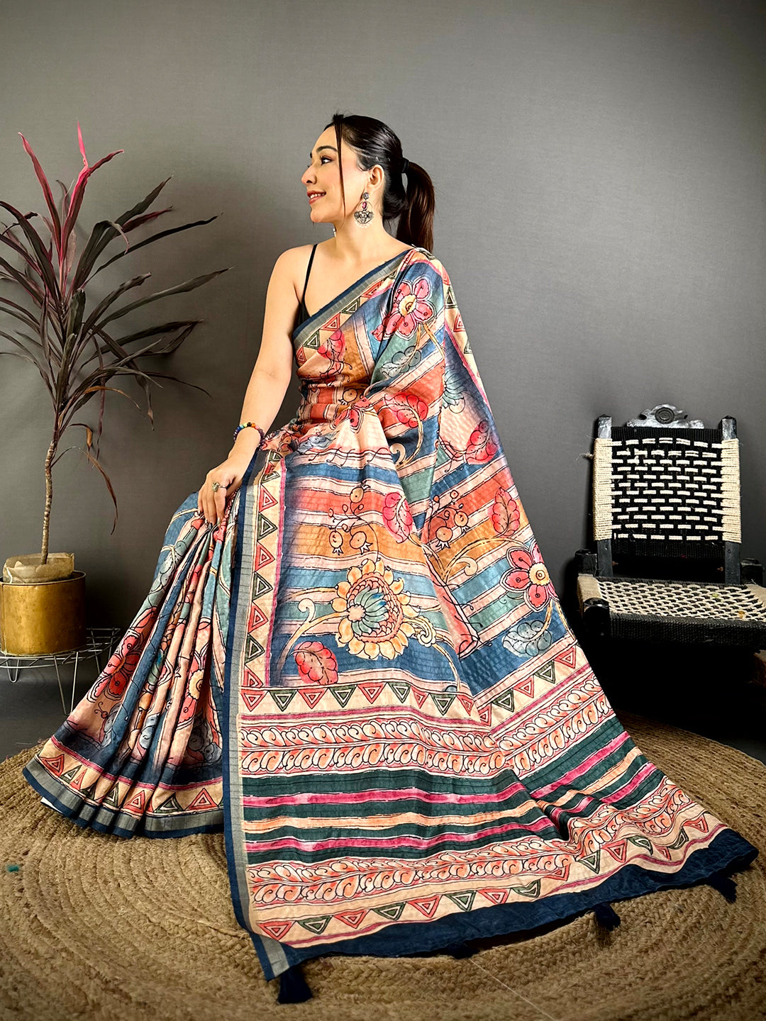 Regal Tussar Rainbow Striped Saree