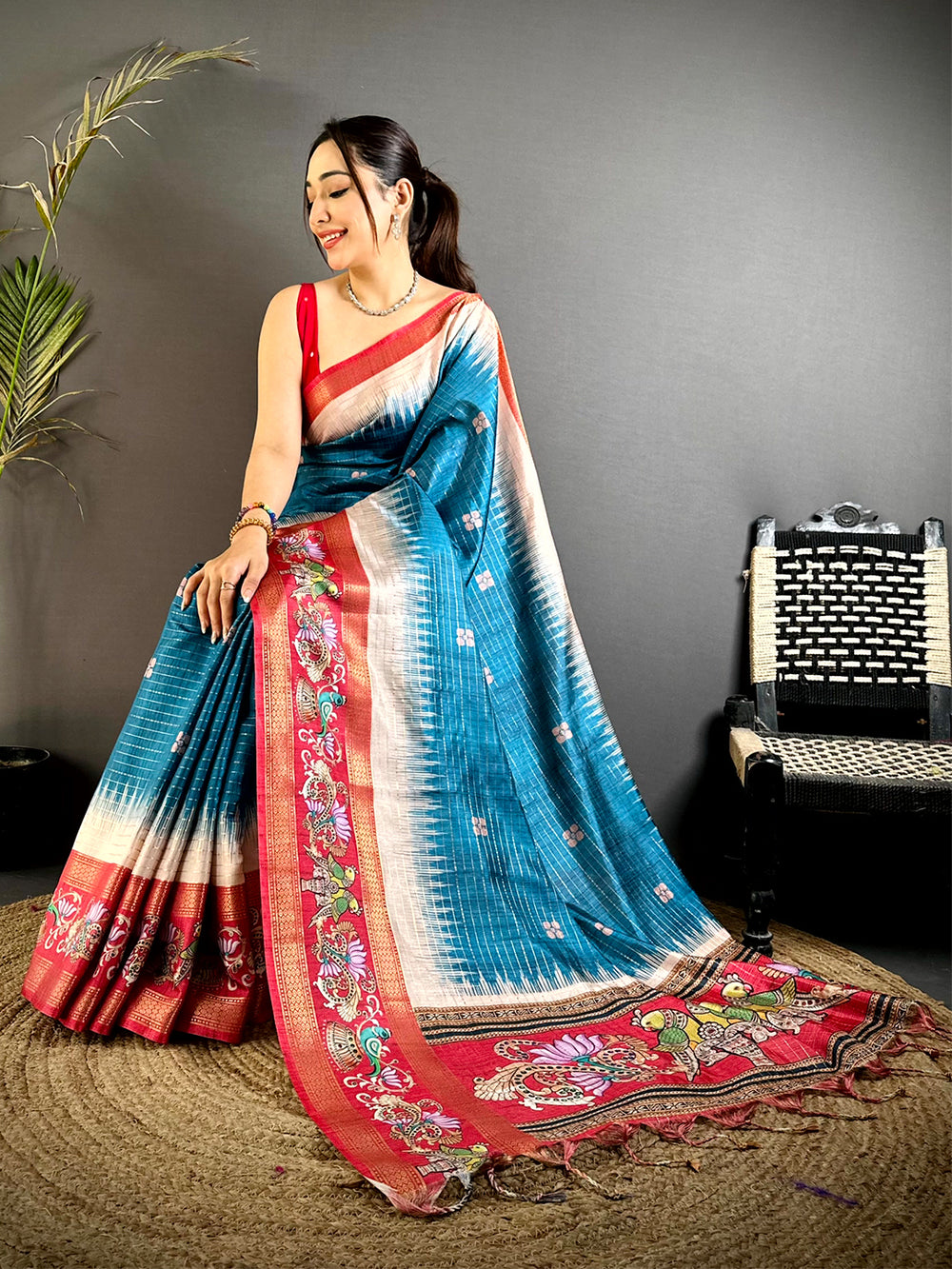Blue Tanjore Art Semi Silk Saree